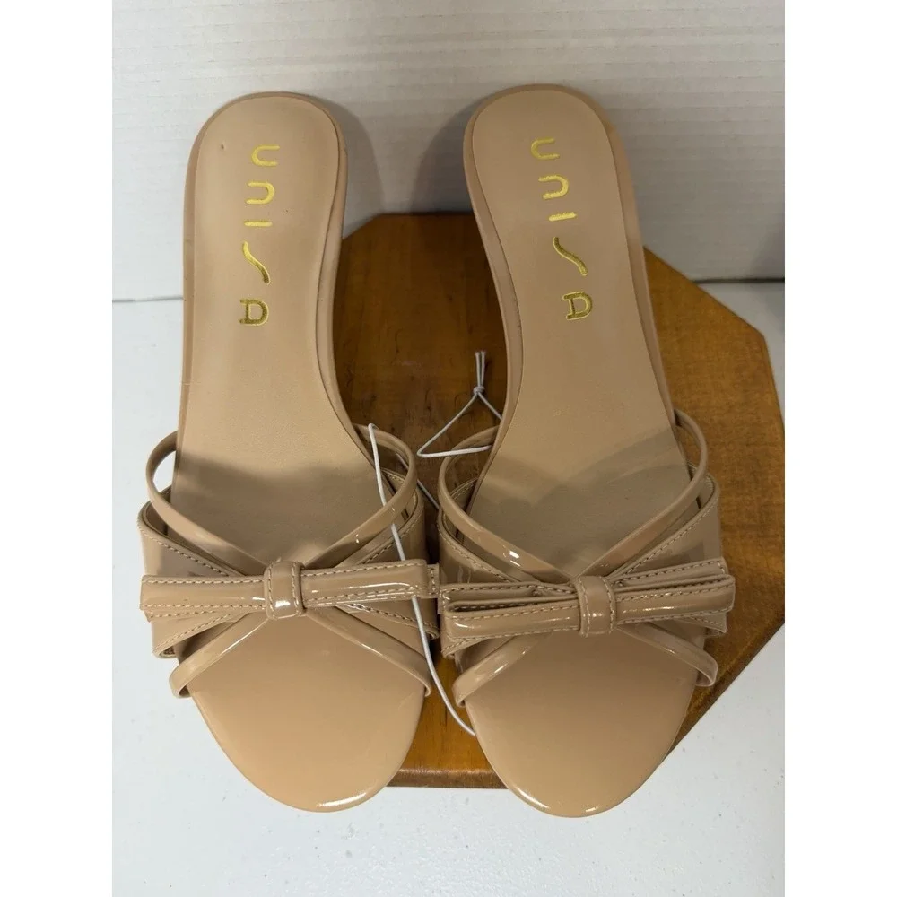 Unisa Nude Patent Bow Mule Heels Womens‎ 7.5M Slip On Kitten Heel Sandals NWOB